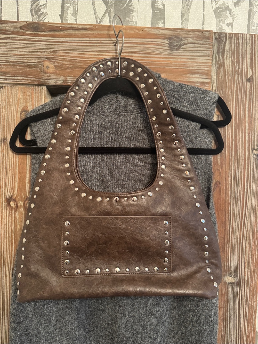 Stud-Trim Brown Leather Tote Bag